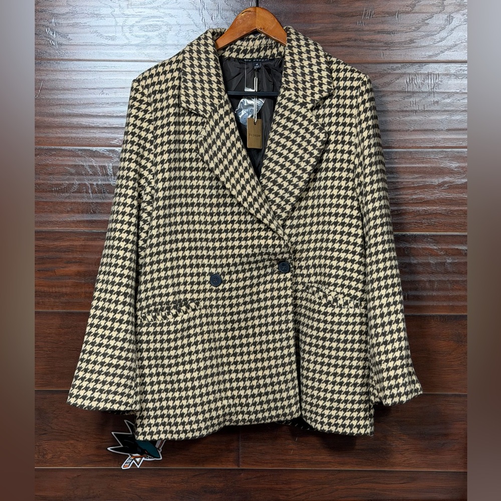 Blu Pepper Houndstooth Notch Collar Blazer Jacket Women’s Medium Brown Tan
